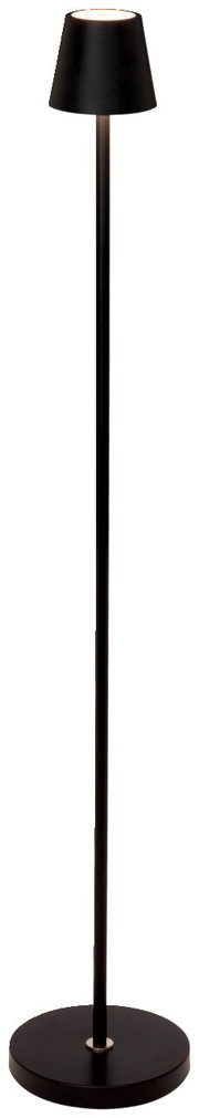Schwarze Akku-Stehleuchte mit rundem Sockel und konischem Lampenschirm, frontal abgebildet.