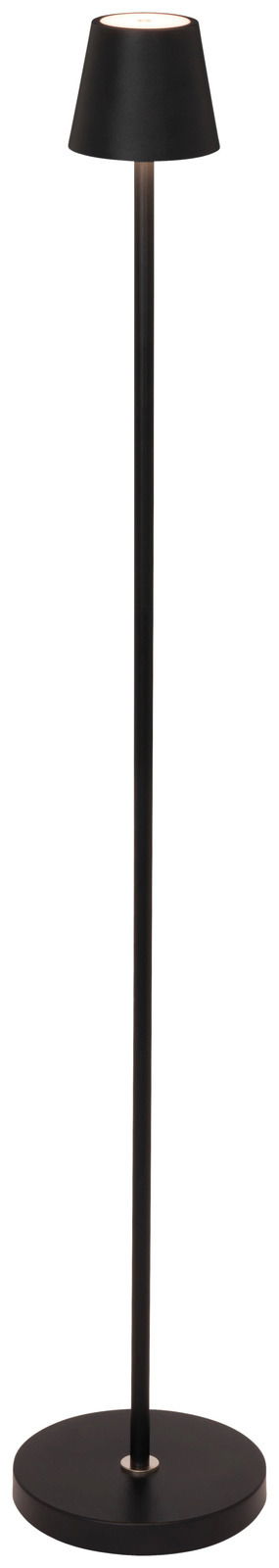 Schwarze Akku-Stehleuchte mit rundem Sockel und konischem Lampenschirm, frontal abgebildet.