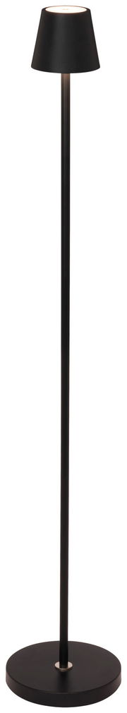 Schwarze Akku-Stehleuchte mit rundem Sockel und konischem Lampenschirm, frontal abgebildet.