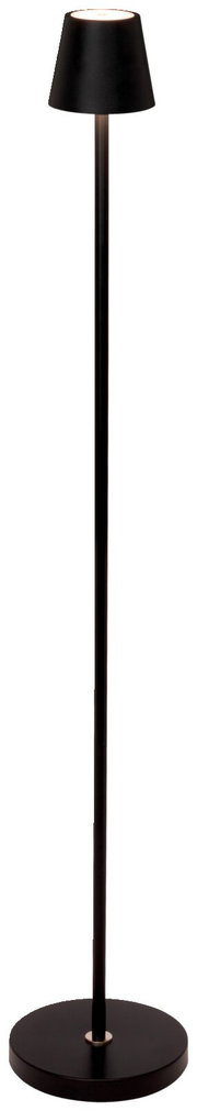 Zwarte staande lamp op accu met ronde voet en conische lampenkap, afgebeeld van voren.