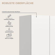 Schlichte weiße Möbelplatte mit melaminharzbeschichteter, robuster Oberfläche; Infografik zeigt kratzfest, stoßfeste Kante, wasserabweisend und leicht zu reinigen, dargestellt in schräger Frontansicht.