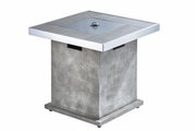 Moderner Tischfuß aus Beton mit quadratischer Edelstahlplatte, seitliche Perspektive