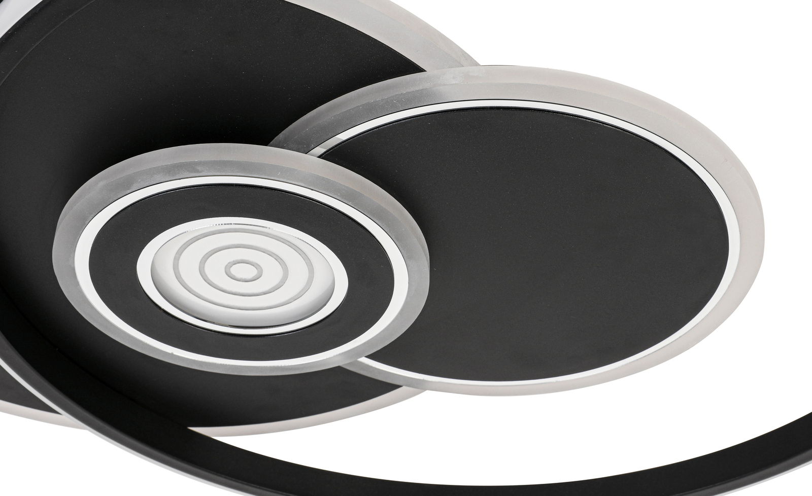 Nahaufnahme einer modernen LED-Deckenleuchte mit kreisförmigem Design und schwarzer Oberfläche.