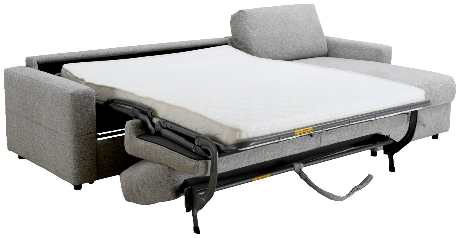 Graues Schlafsofa mit ausgeklapptem Metallgestell und weißer Matratze, in schräger Vorderansicht