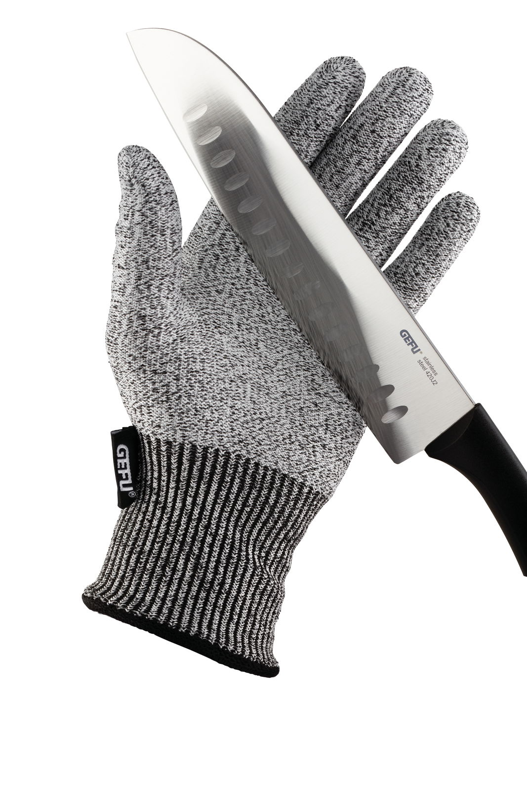 Schnittschutzhandschuh SECURO hält ein scharfes Messer, Ansicht von oben