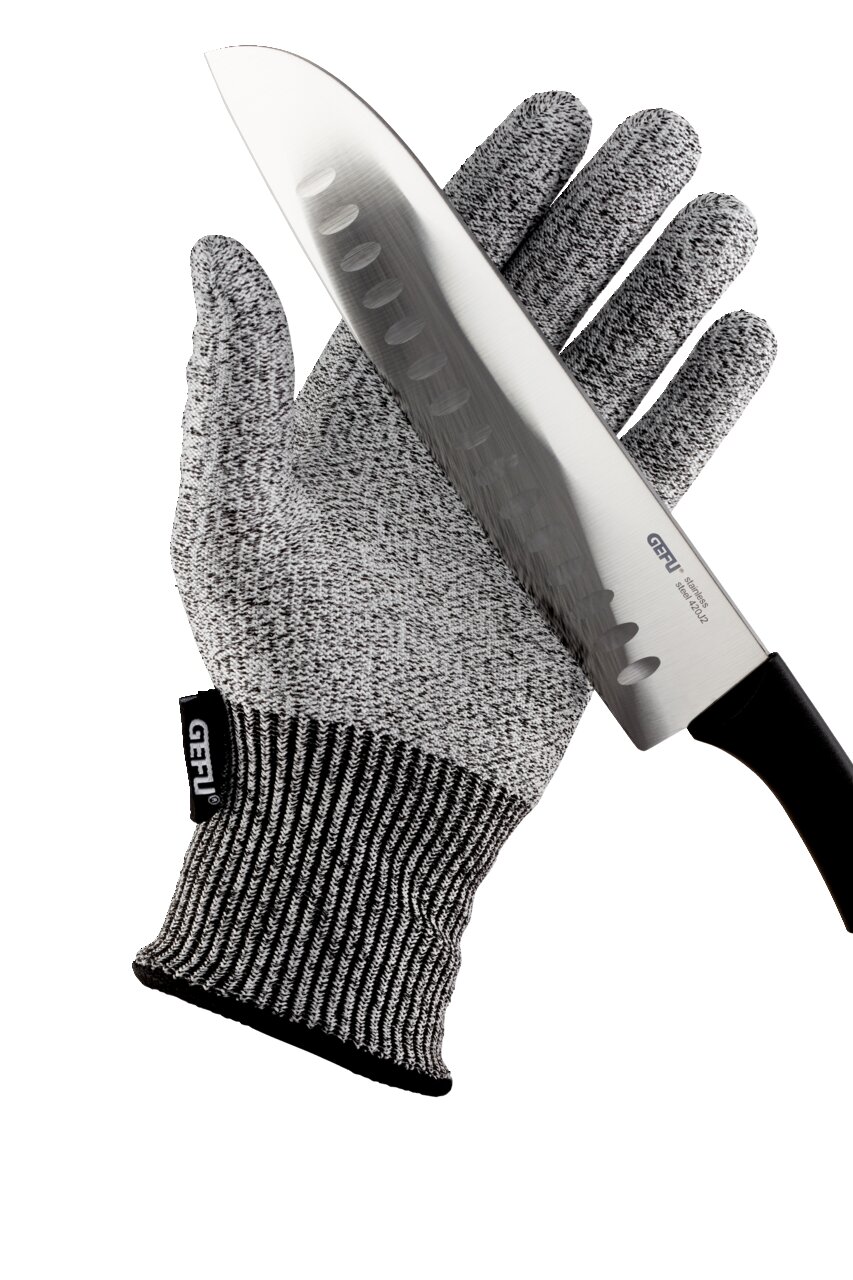 Schnittschutzhandschuh SECURO hält ein scharfes Messer, Ansicht von oben