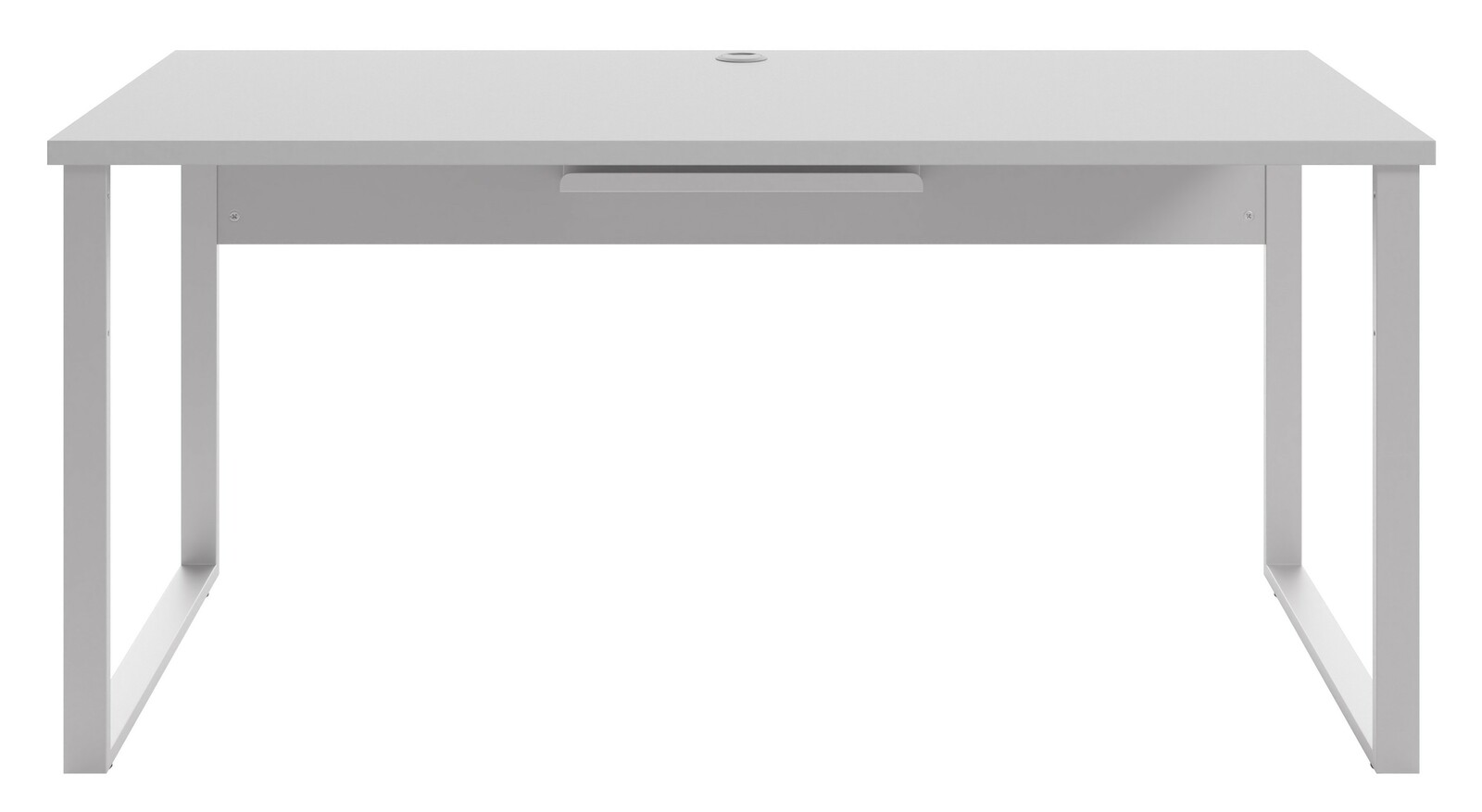 Moderner weißer Schreibtisch mit minimalistischem Design, frontal betrachtet.