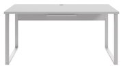 Moderner weißer Schreibtisch mit minimalistischem Design, frontal betrachtet.
