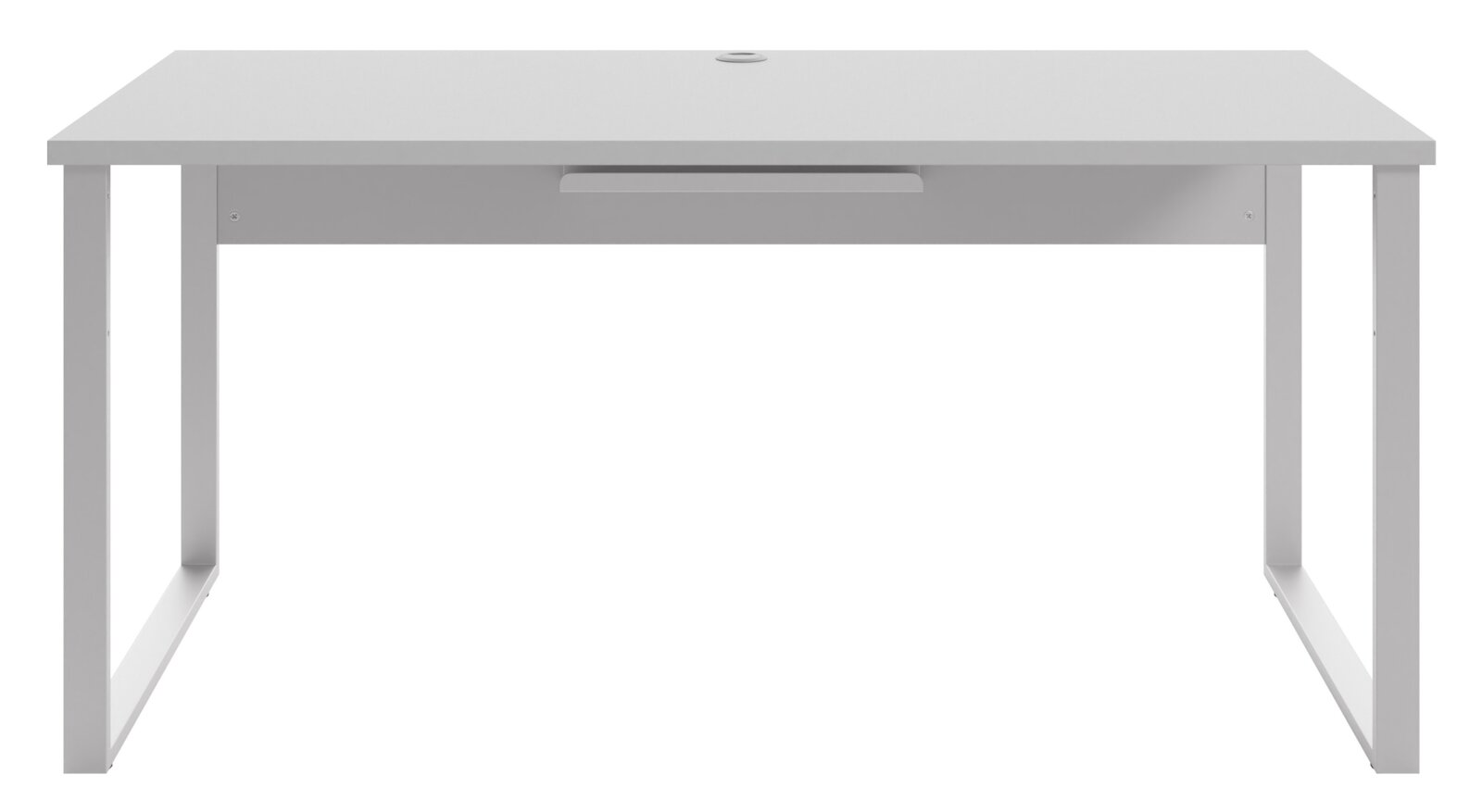 Moderner weißer Schreibtisch mit minimalistischem Design, frontal betrachtet.