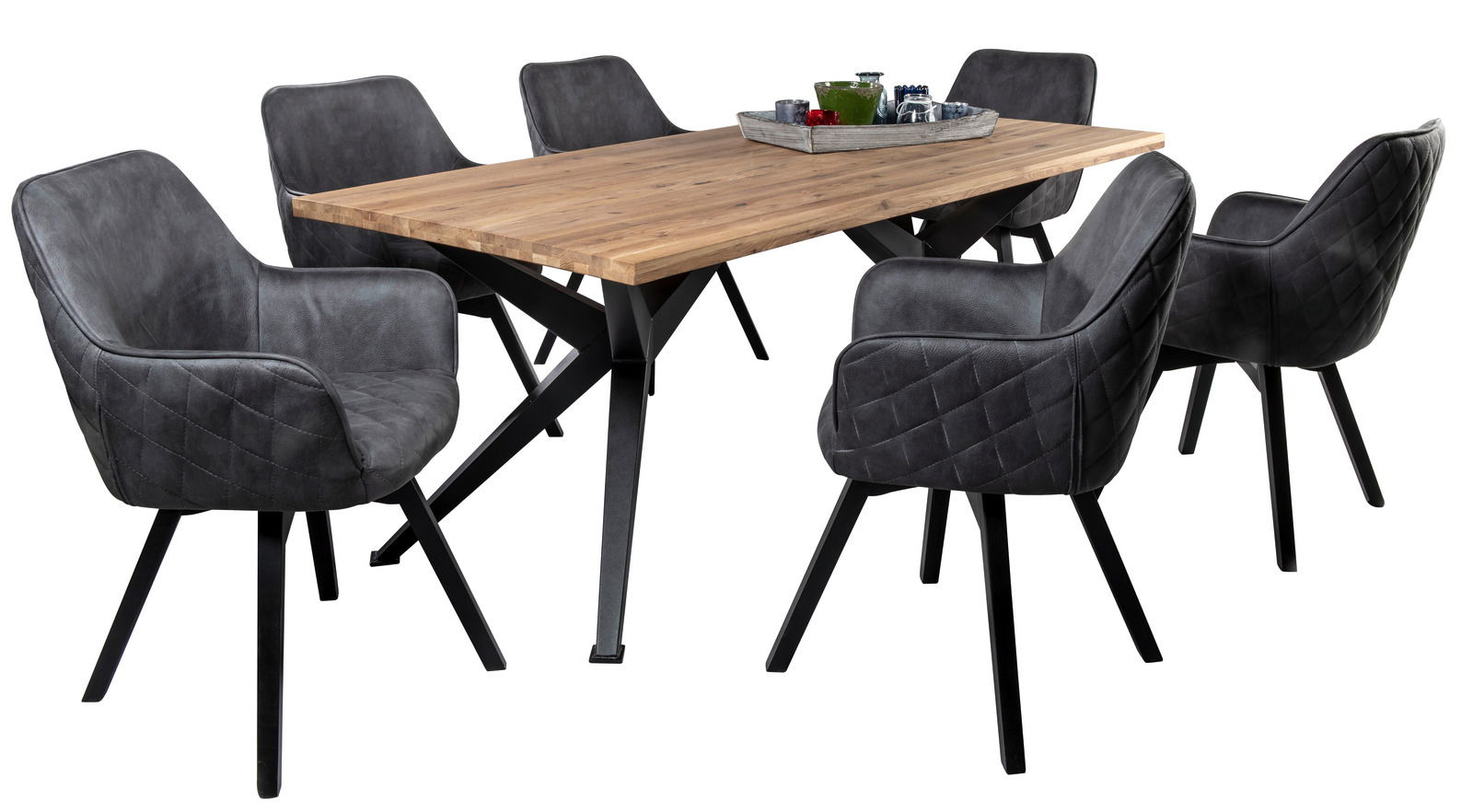 Moderner Esstisch mit Holzplatte und sechs gepolsterten Armlehnstühlen in dunklem Leder, seitliche Perspektive