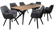 Moderner Esstisch mit Holzplatte und sechs gepolsterten Armlehnstühlen in dunklem Leder, seitliche Perspektive