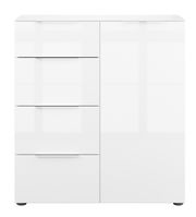 Weiße Kommode mit vier Schubladen und einer Tür, frontale Ansicht