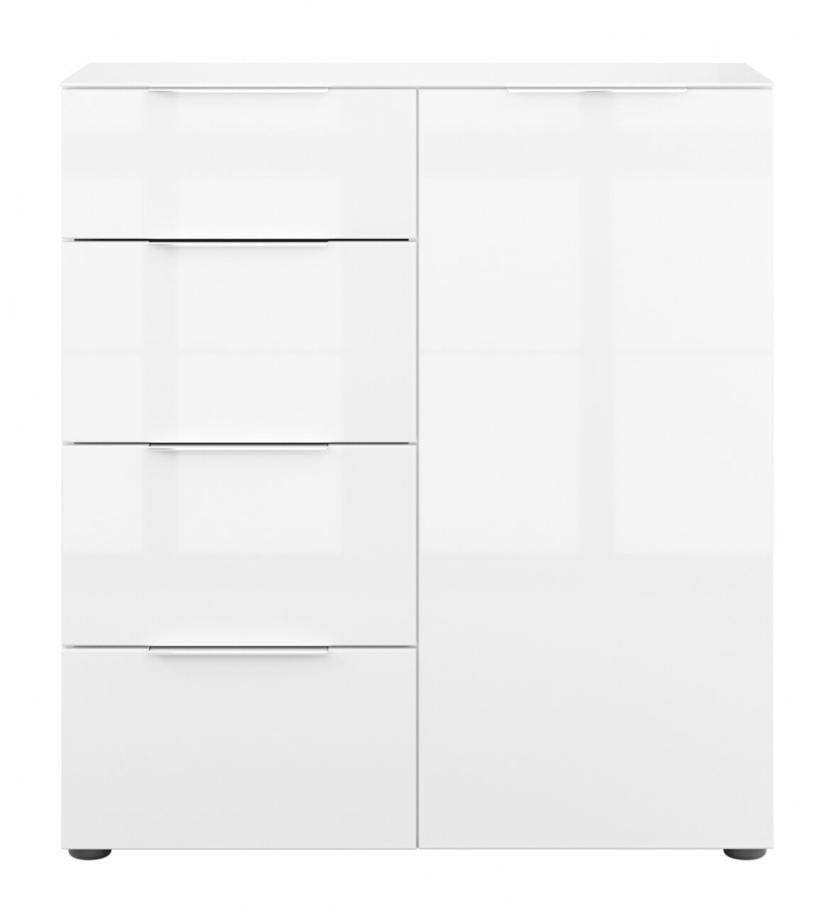 Weiße Kommode mit vier Schubladen und einer Tür, frontale Ansicht