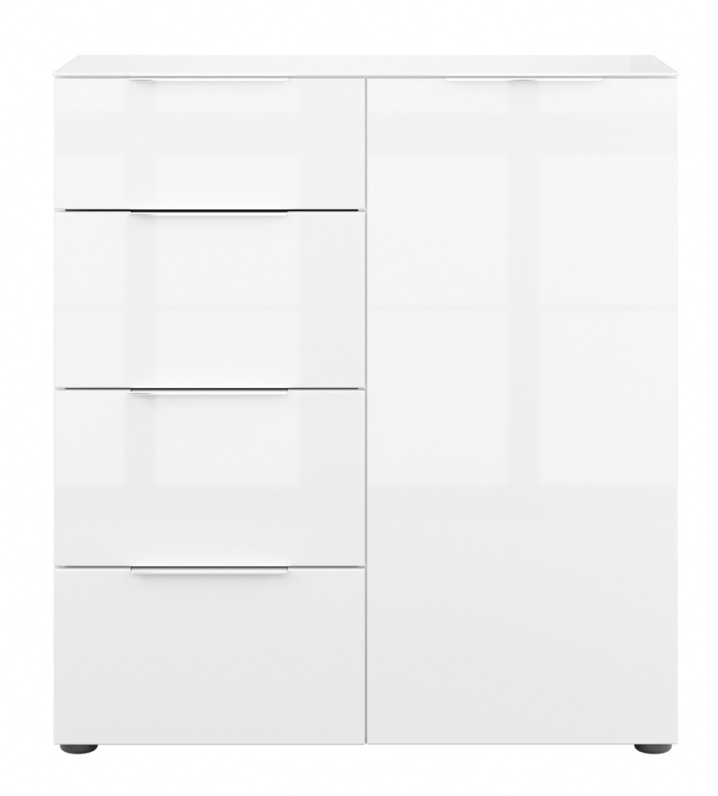 Weiße Kommode mit vier Schubladen und einer Tür, frontale Ansicht