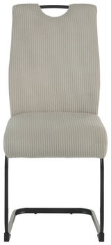 Frontansicht eines modernen Schwingstuhls mit hellgrauem, geripptem Stoffbezug und schwarzem Metallgestell.