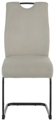 Frontansicht eines modernen Schwingstuhls mit hellgrauem, geripptem Stoffbezug und schwarzem Metallgestell.