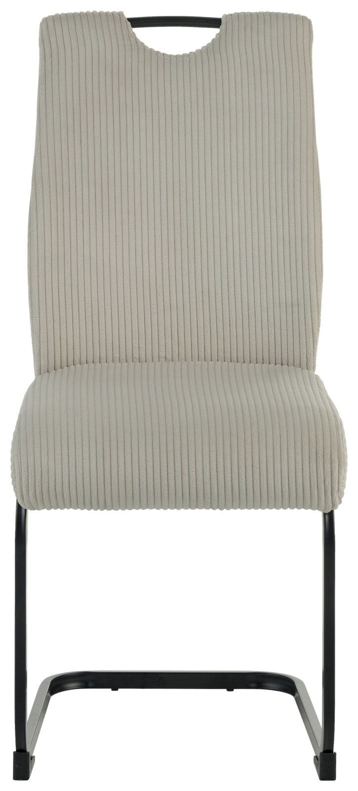 Frontansicht eines modernen Schwingstuhls mit hellgrauem, geripptem Stoffbezug und schwarzem Metallgestell.