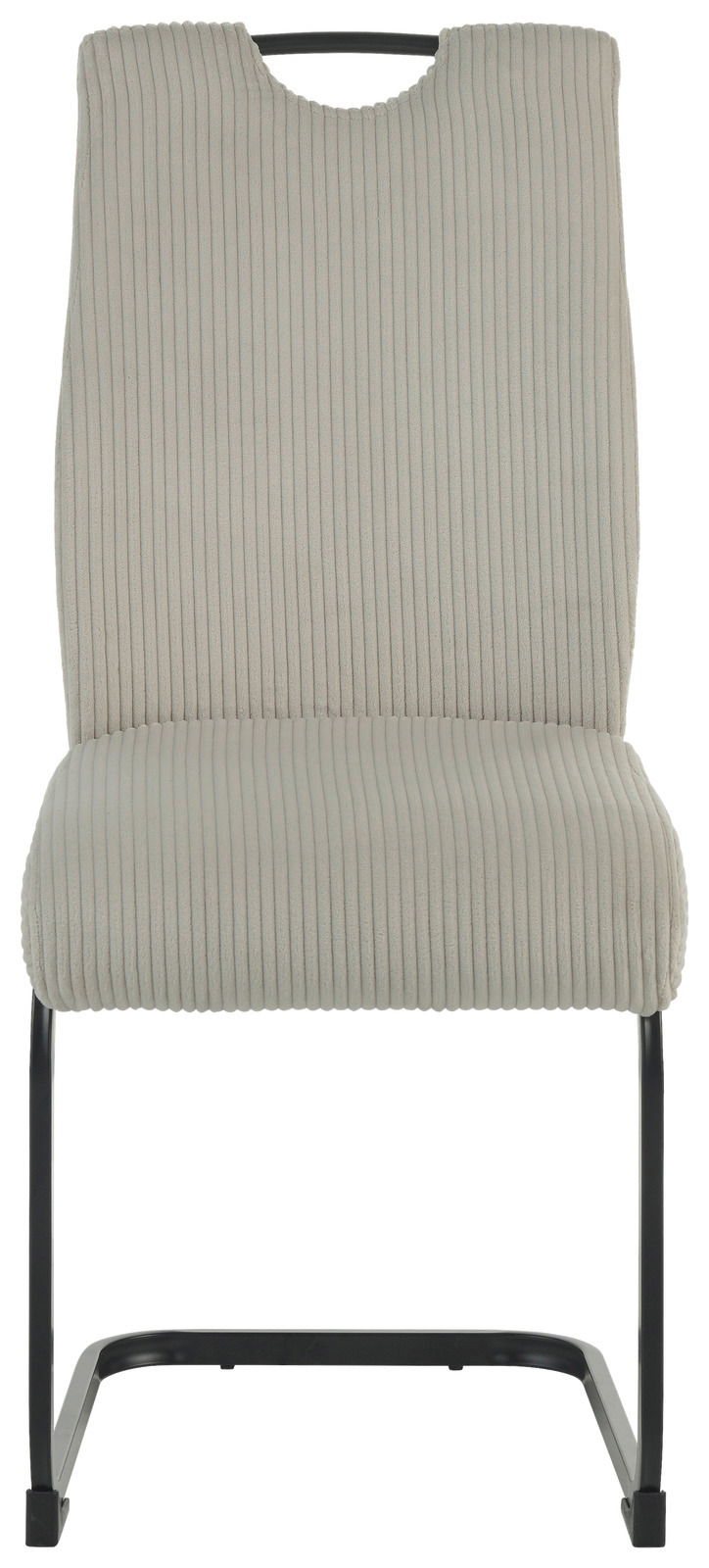 Frontansicht eines modernen Schwingstuhls mit hellgrauem, geripptem Stoffbezug und schwarzem Metallgestell.