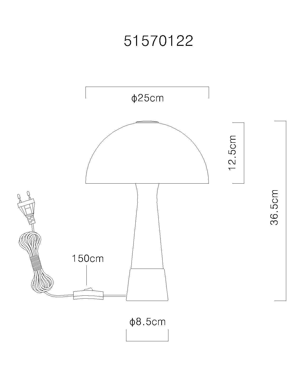 Technische Zeichnung einer Tischleuchte mit einem runden Schirm, 25 cm Durchmesser, 36,5 cm Höhe, seitliche Ansicht.