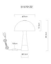 Technische Zeichnung einer Tischleuchte mit einem runden Schirm, 25 cm Durchmesser, 36,5 cm Höhe, seitliche Ansicht.