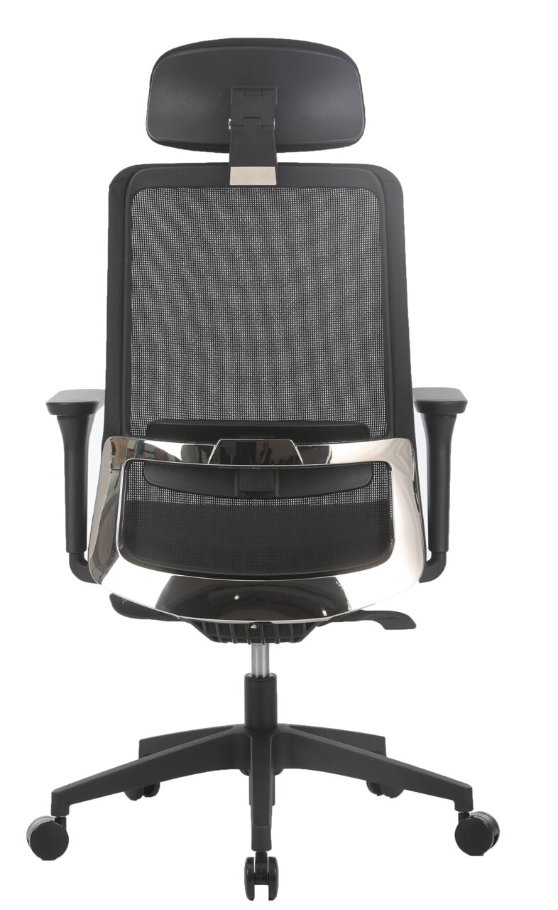 Rückansicht eines modernen Drehstuhls mit Netzrückenlehne und Kopfstütze