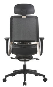 Rückansicht eines modernen Drehstuhls mit Netzrückenlehne und Kopfstütze