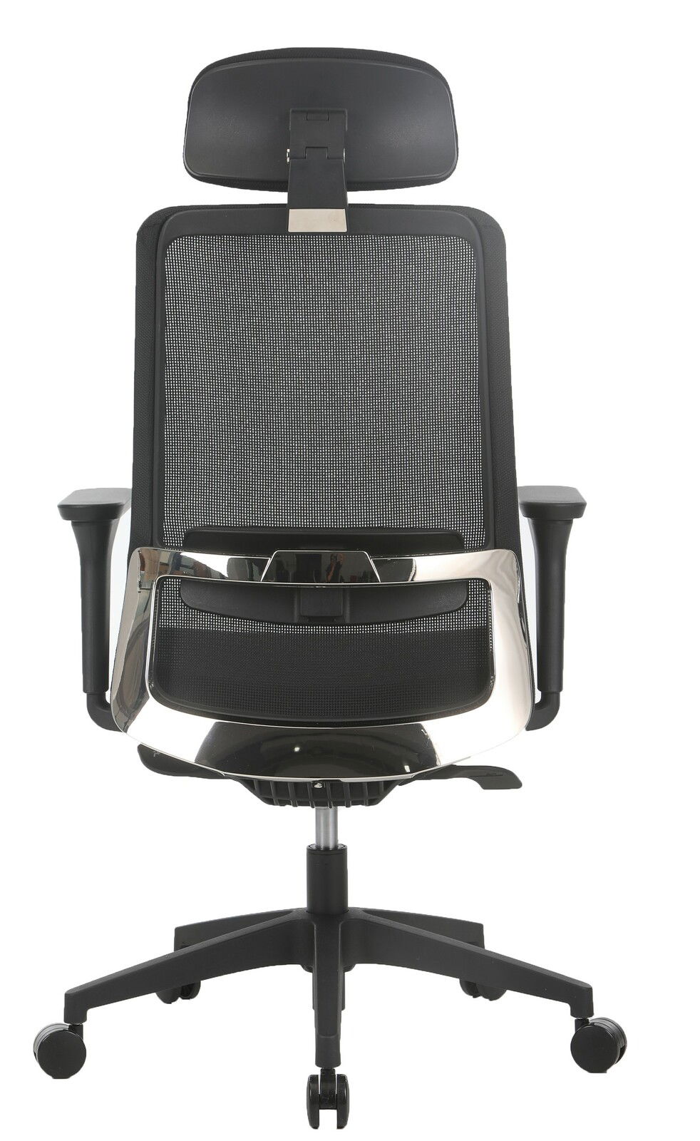 Rückansicht eines modernen Drehstuhls mit Netzrückenlehne und Kopfstütze