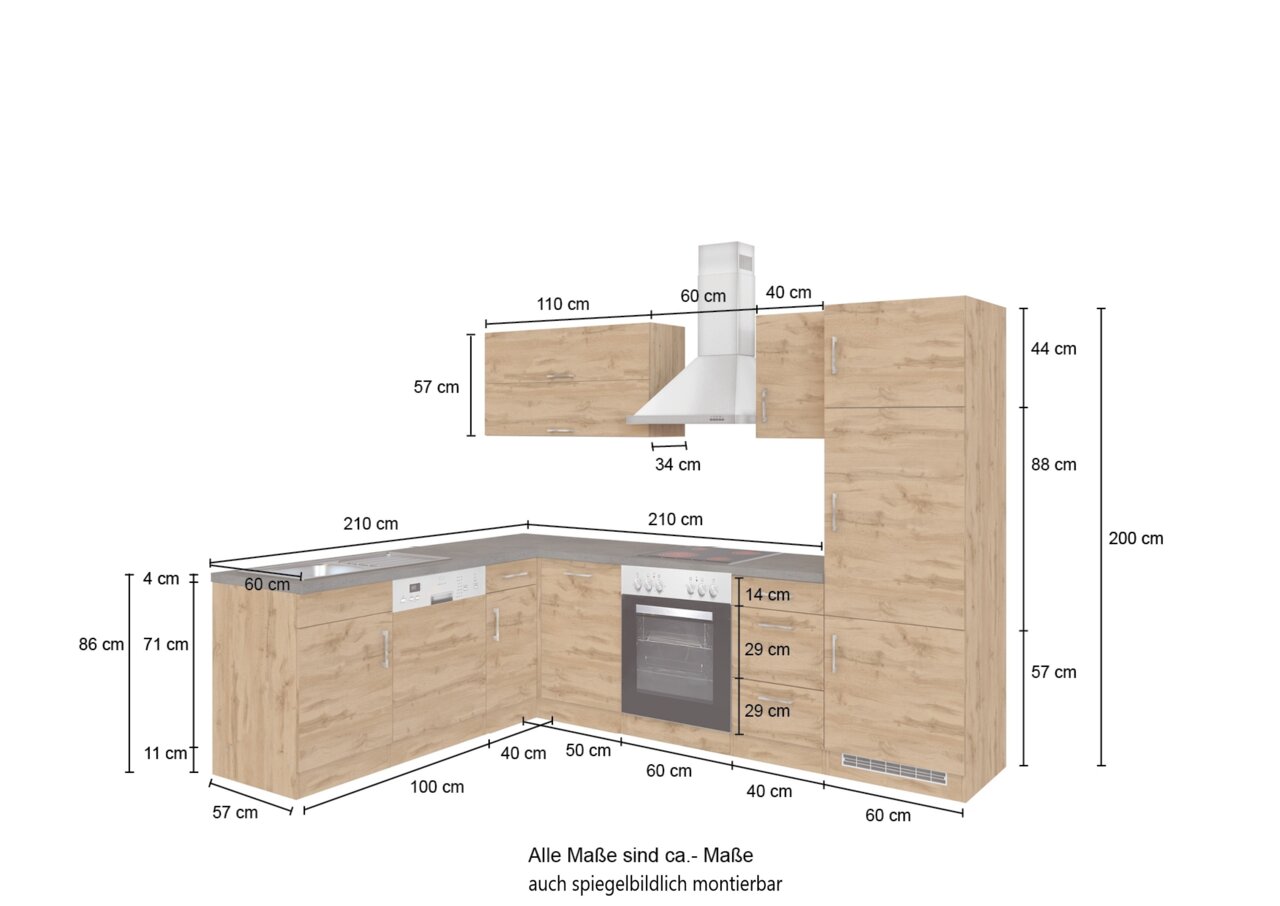 Eck-Küchenzeile in Holzoptik mit Geräten, Ansicht von vorne, Maße 210/270 cm