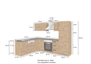 Eck-Küchenzeile in Holzoptik mit Geräten, Ansicht von vorne, Maße 210/270 cm