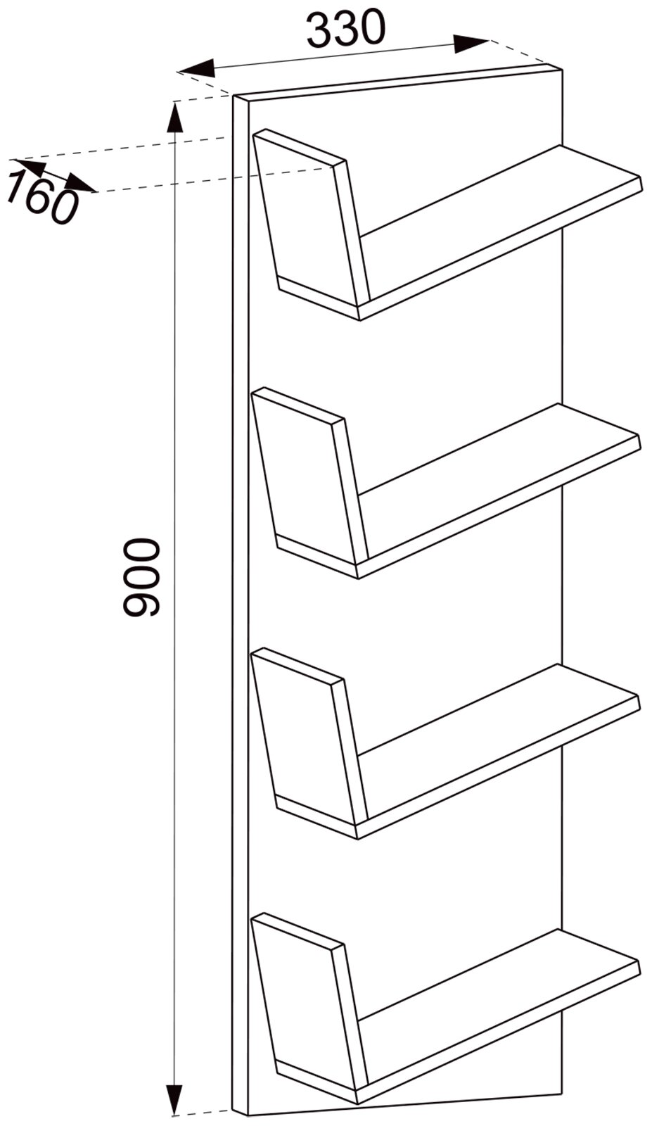 Technische Strichzeichnung eines schmalen Wandregals mit vier Ablagen und schrägen Buchstützen, Maße ca. 900 mm hoch, 330 mm breit, 160 mm tief, in schräger Frontansicht von links.