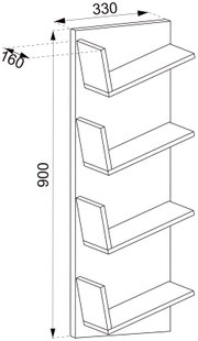 Technische Strichzeichnung eines schmalen Wandregals mit vier Ablagen und schrägen Buchstützen, Maße ca. 900 mm hoch, 330 mm breit, 160 mm tief, in schräger Frontansicht von links.