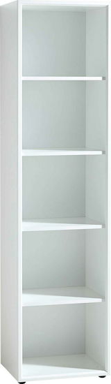 Weißes Aktenregal mit fünf offenen Fächern, seitliche Perspektive