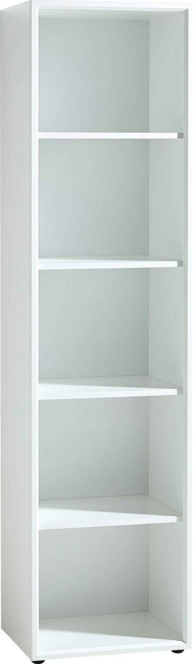 Weißes Aktenregal mit fünf offenen Fächern, seitliche Perspektive