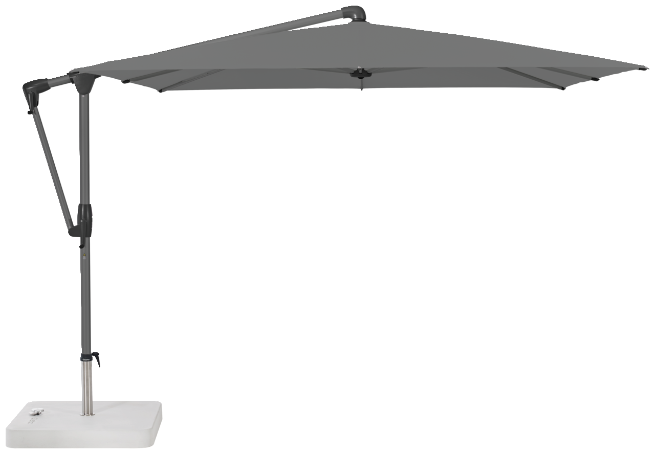 Glatz Ampelschirm SUNWING CASA EASY Grauer Ampelschirm mit seitlichem Ständer und quadratischem Sockel, seitliche Perspektive