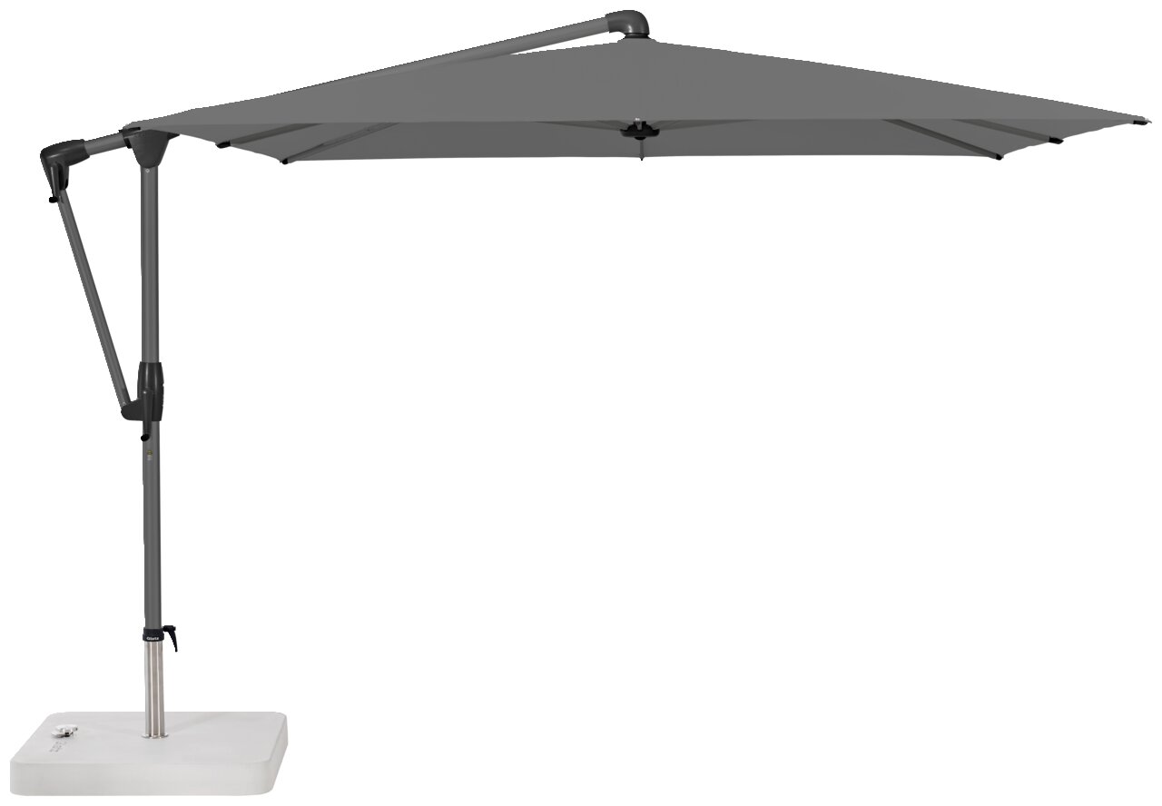 Glatz Ampelschirm SUNWING CASA EASY Grauer Ampelschirm mit seitlichem Ständer und quadratischem Sockel, seitliche Perspektive