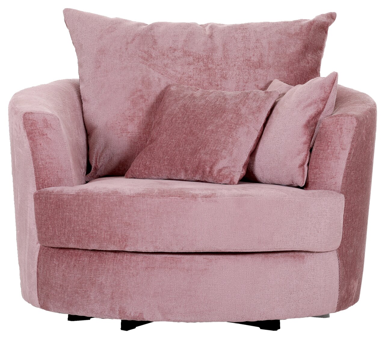 Gemütlicher rosa Sessel mit runden Formen und weichen Kissen, Vorderansicht