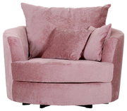 Gemütlicher rosa Sessel mit runden Formen und weichen Kissen, Vorderansicht