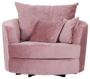 Gemütlicher rosa Sessel mit runden Formen und weichen Kissen, Vorderansicht