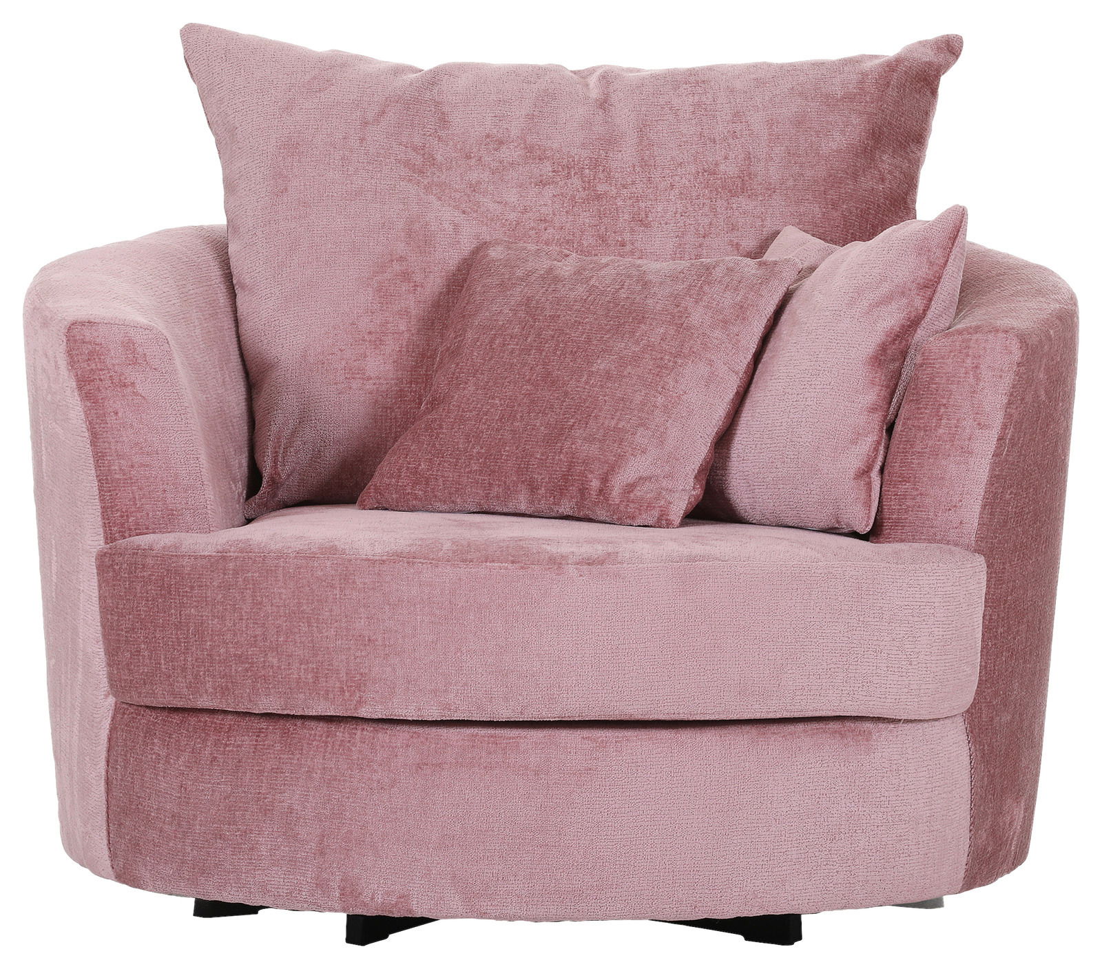 Gemütlicher rosa Sessel mit runden Formen und weichen Kissen, Vorderansicht