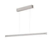 Moderne lineare LED-Pendelleuchte in gebürsteter Metalloptik mit schlankem Leuchtbalken und rechteckigem Deckenbaldachin, aus leichter Untersicht dargestellt