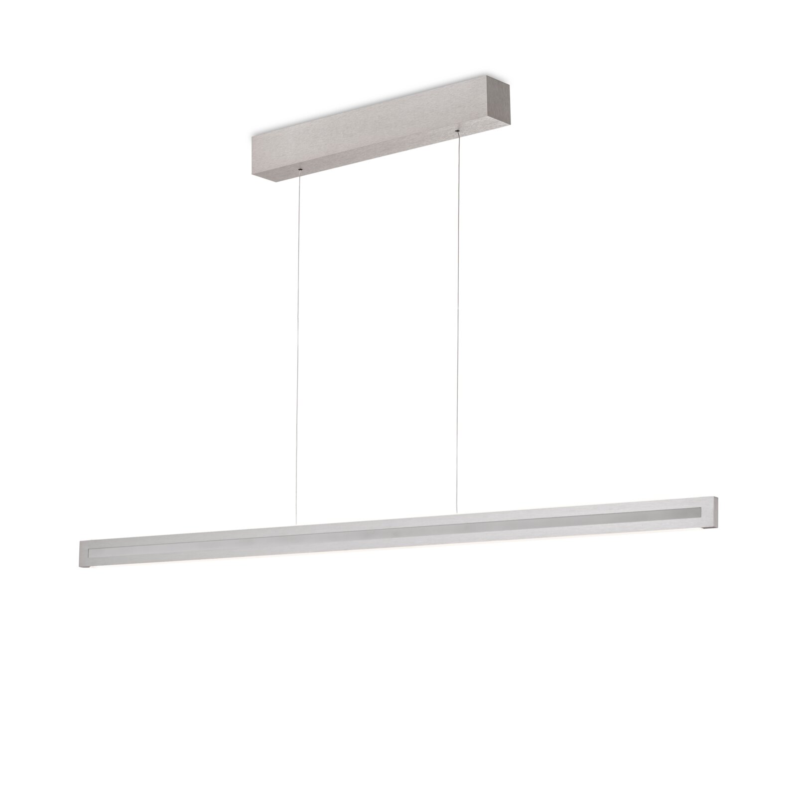 Moderne lineare LED-Pendelleuchte in gebürsteter Metalloptik mit schlankem Leuchtbalken und rechteckigem Deckenbaldachin, aus leichter Untersicht dargestellt