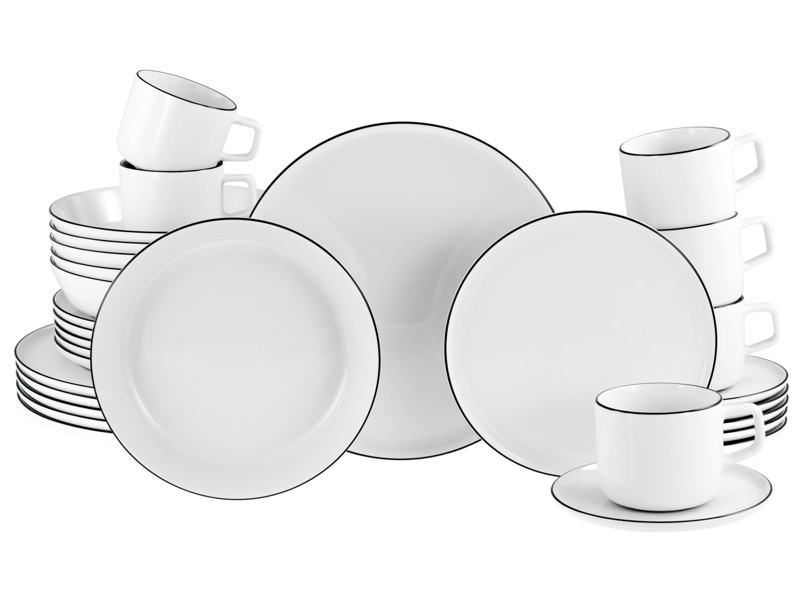Creatable Kombiservice 30-tlg CHEF COLLECTION Weißes Porzellan-Geschirrset mit schwarzem Rand, Teller, Schalen und Tassen mit Untertassen, frontal in leichter Schrägansicht auf weißem Hintergrund.