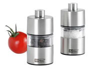 Set aus Pfeffer- und Salzmühle aus Edelstahl mit transparentem Mittelteil, Vorderansicht