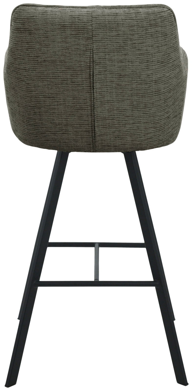 Rückansicht eines Barhockers mit gepolsterter Rückenlehne und Metallbeinen.