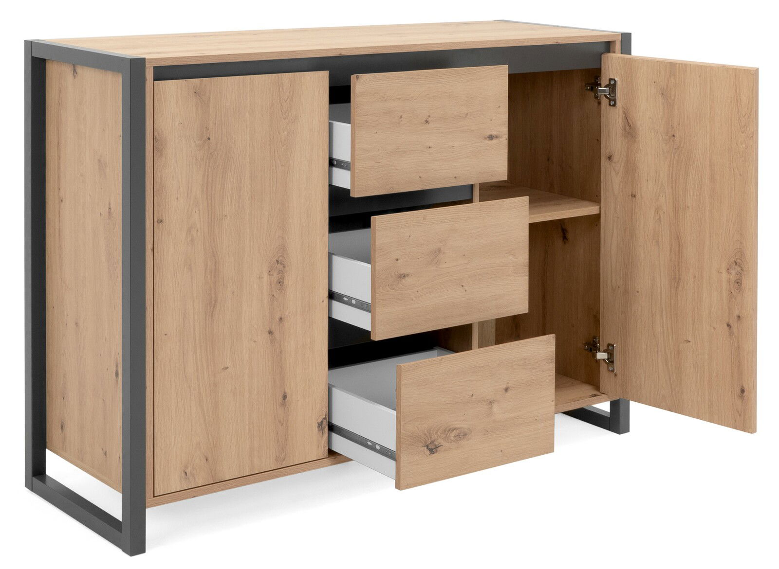 Modernes Sideboard aus Holz mit Metallrahmen, offene Schubladen und Türen, seitliche Perspektive