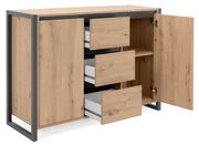 Modernes Sideboard aus Holz mit Metallrahmen, offene Schubladen und Türen, seitliche Perspektive