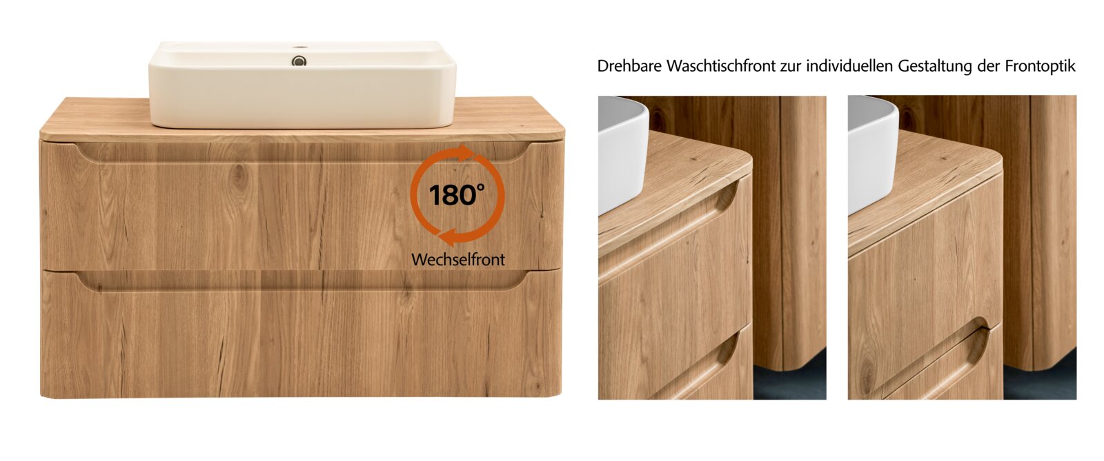 Bad-Waschtischunterschrank in Holzoptik mit weißem Aufsatzwaschbecken, Wechselfront 180° drehbar Ansicht von vorne sowie Detailansichten schräg von der Seite