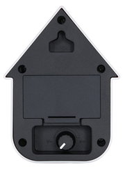 Rückansicht einer sound box in Form eines Hauses mit Lautstärkeregler und Aufhängemöglichkeit.
