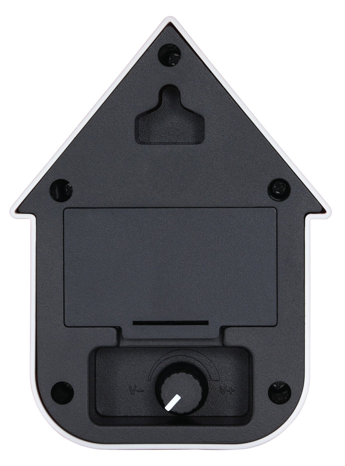 Achterkant van een soundbox in de vorm van een huisje, voorzien van een volumeregelaar en een ophangbeugel.