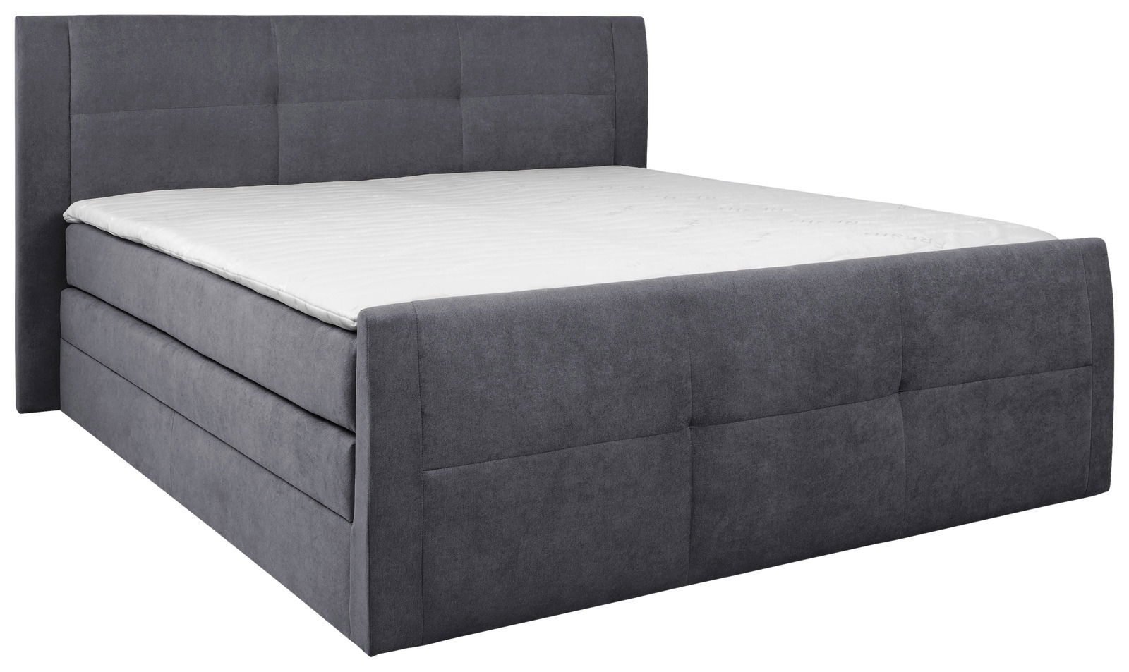 Graues Boxspringbett 160 mit gepolstertem Kopfteil, seitliche Perspektive
